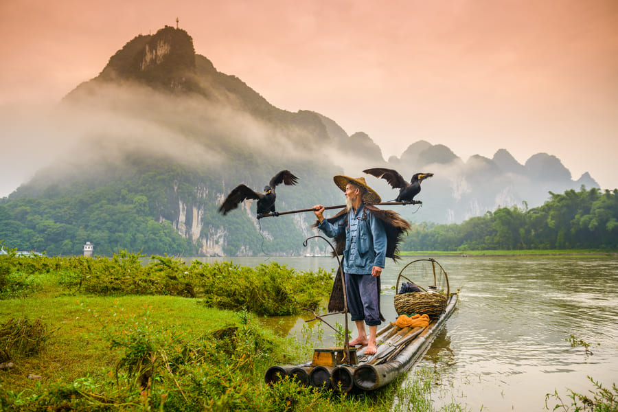 Una persona contemplando la vista con aves, en yangshuo-cormoran.
